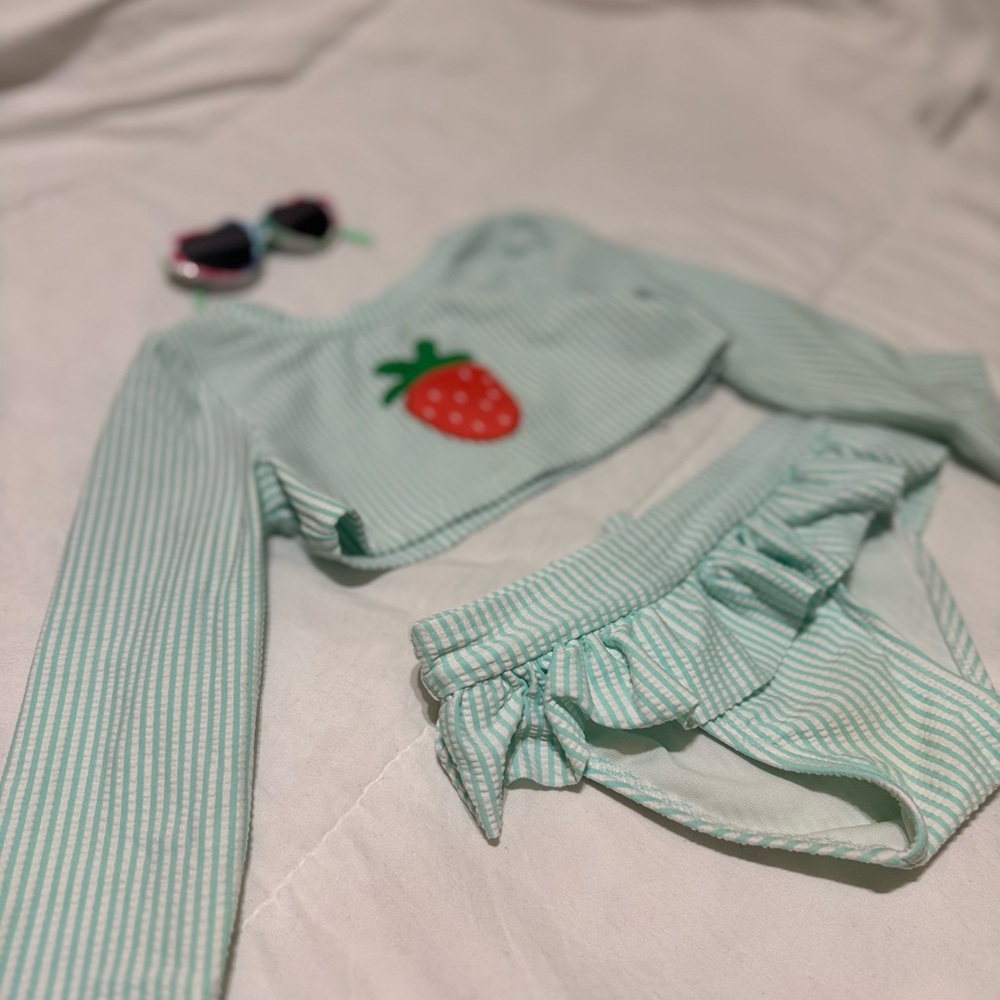 Striped Green Swimsuit with Strawberry Patch